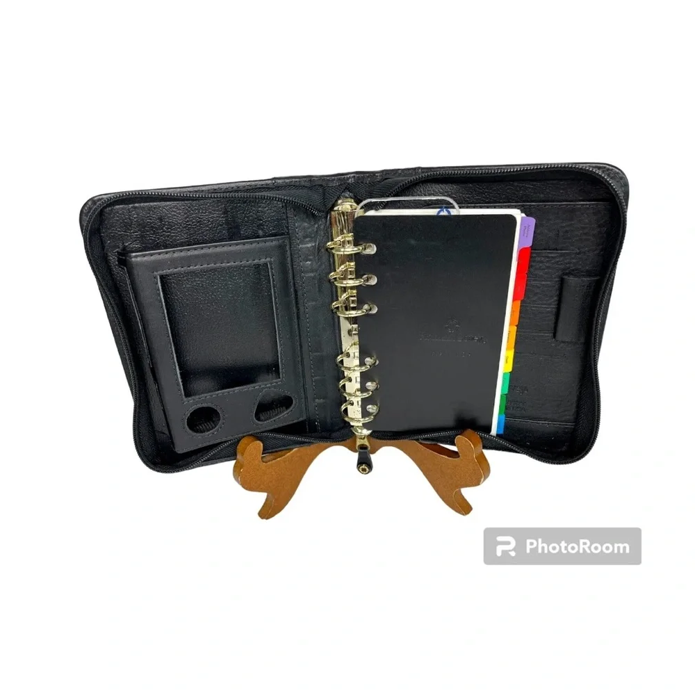 Franklin Covey Black Full Grain Nappa Leather USA Device Holder Zip Binder Tabs